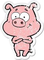 distressed sticker of a happy cartoon pig vector