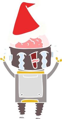 flat color illustration of a crying robot wearing santa hat
