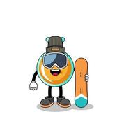 mascota, caricatura, de, laboratorio, beakers, snowboard, jugador vector