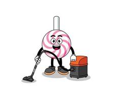 Character mascot of lollipop spiral holding vacuum cleaner vector