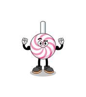 Mascot cartoon of lollipop spiral posing with muscle vector