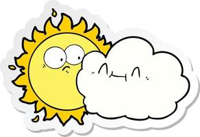 sticker of a cute cartoon cloud and sun vector