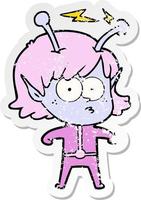 distressed sticker of a cartoon alien girl vector