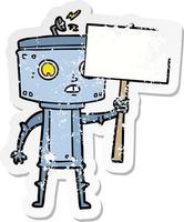 distressed sticker of a cartoon robot with blank sign vector