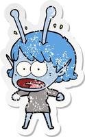 distressed sticker of a cartoon shocked alien girl vector