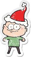 distressed sticker cartoon of a bald man staring wearing santa hat vector