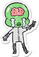 distressed sticker of a cartoon big brain alien crying and giving peace sign vector