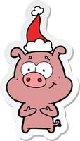 pegatina feliz caricatura de un cerdo con gorro de Papá Noel vector