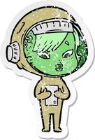 distressed sticker of a cartoon astronaut woman vector