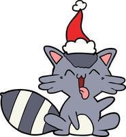 cute line drawing of a raccoon wearing santa hat vector