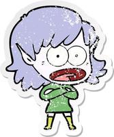 distressed sticker of a cartoon shocked elf girl vector