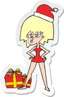 sticker of a cartoon woman angry at christmas present vector