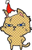 dura ilustración de estilo cómic de un gato con gorro de Papá Noel vector