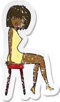 retro distressed sticker of a cartoon woman sitting on stool vector