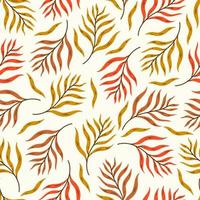 Bright autumn leaves on a branch seamless vector pattern. Hand drawn sketch of a wild or garden plant. Yellow, orange, brown tree branches. Fall botanical backdrop isolated on white. Flat style