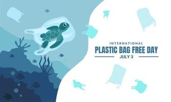 día internacional libre de bolsas de plástico, di no al plástico, salva la naturaleza, salva el océano, día mundial del océano, tortuga marina en una bolsa de plástico, ilustración vectorial. vector