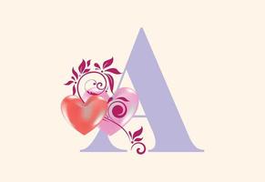 Floral A monogram letter with heart sign. Initial alphabet with botanical elements. vector