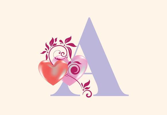 Floral A monogram letter with heart sign. Initial alphabet with botanical elements.