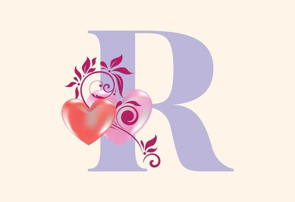 Floral R monogram letter with heart sign. Initial alphabet with botanical elements.