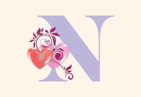 Floral N monogram letter with heart sign. Initial alphabet with botanical elements. vector