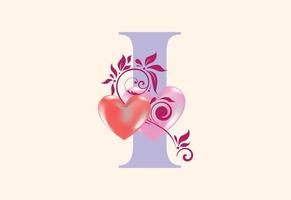 Floral I monogram letter with heart sign. Initial alphabet with botanical elements. vector