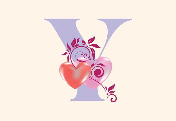 Floral Y monogram letter with heart sign. Initial alphabet with botanical elements.