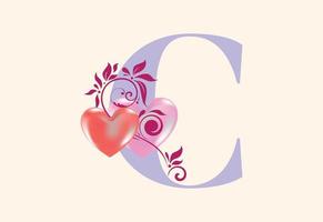 Floral C monogram letter with heart sign. Initial alphabet with botanical elements. vector