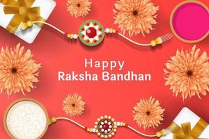 raksha bandhan indian festival illustration with rakhi, rice, gift box, and flowers vector