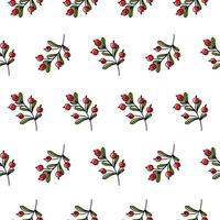 Vector seamless pattern with red rosehip berries and green leaves on a white background. Autumn botanical print.