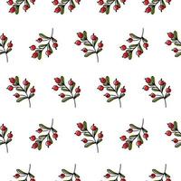 Vector seamless pattern with red rosehip berries and green leaves on a white background. Autumn botanical print.