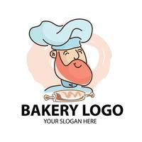 Bakery logo. Vector illustration of head cook with mustache and beard in blue dress with bread roll. head chef logo.