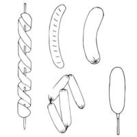 A set of boiled, fried, baked, barbecued sausages, on a skewer, on a stick in doodle style. Vector stock illustration isolated on white background.