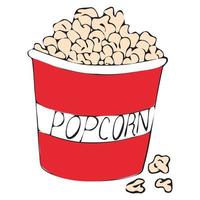 A large corton bucket filled with delicious crunchy popcorn. Vector stock illustration.