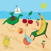 Cote d'Azur. Sea, sun, sand, beach. White sailboat in the distance. Funny characters, ripe juicy fruits are resting on the shore - sunbathing, swimming, playing outdoor games. Vector illustration.