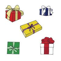 A set of gift boxes with bows, depicted from different angles. Vector stock illustration in cartoon style isolated on white background.