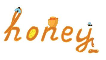 The word Honey is lettering, honeycombs, bees, a jar of honey, vector