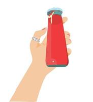 jugo en una botella de vidrio sostenida por una mano humana. ilustración de stock vectorial aislada sobre fondo blanco. vector