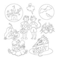 A set for Halloween, in which there is a man, a devil, a ghost, the moon, an ominous castle, bats, a spider, a toothy cake, a buzzy doll with a severed head, angry and sad pumpkins. Doodle style. vector