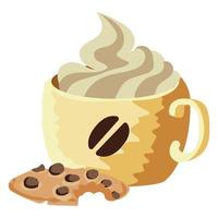 A cup of coffee with cream and a nibbled chocolate chip cookie. Vector stock illustration isolated on a white background.