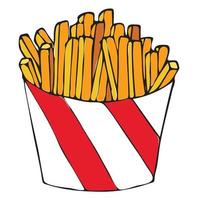 French fries, fresh, ruddy, warm, aromatic, cut into strips, in a cardboard box. Vector stock illustration isolated on a white background.