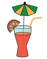 Orange cocktail in a glass glass with an umbrella and a straw in a cartoon style. Vector stock illustration isolated on white background.