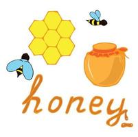 Kit for the international day of the bees. Lettering honey, honeycomb, jar, honey pot, bees, a drop flowing from the letter and a puddle under it. vector