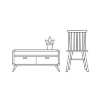 Chair and Table Outline Icon Illustration on White Background