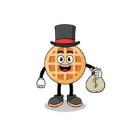 ilustración de mascota de waffle circular hombre rico sosteniendo un saco de dinero vector