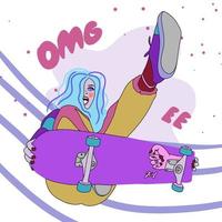 Bright illustration, teenage girl on a skateboard, blue hair, omg, graffiti, doodle vector