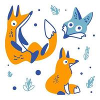 Funny fox set, baby postcard, animal head, full length, doodle