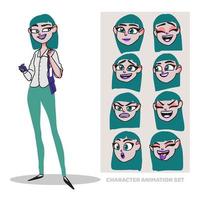 Character animation set, young woman, full length, in office clothes with a bag and a phone, creating people with emotions vector