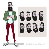 Character animation set, bearded guy with glasses, full length, creation of people with emotions, face animation vector