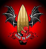 tabla de surf con alas de murciélago sobre fondo rojo vector