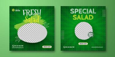 plantilla de publicaciones de instagram de alimentos saludables. fondo de redes sociales de ensalada fresca. fondo verde para publicidad de banners vector